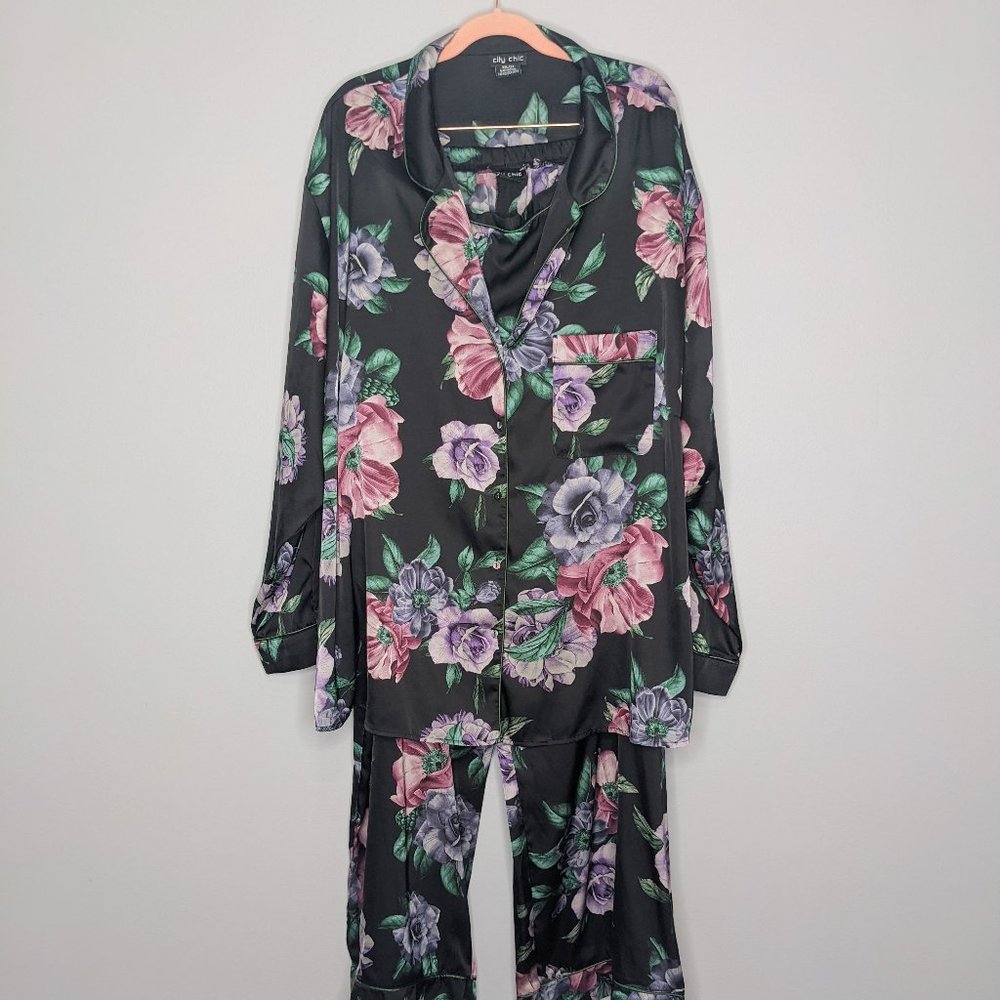 City Chic Black Satin Matching Pajama Set Floral Long Sleeve Pockets Size 24 - Picture 1 of 9